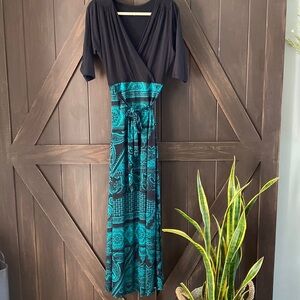 Flirty Pink 1X black and green floor length V neck dress